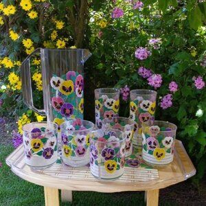 VINTAGE RETRO Culver Acrylic Garden Pansy Beverage Set 9pcs with pitcher & tray